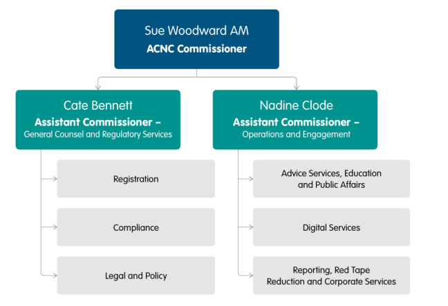 Image of 3 columns that show the ACNC's organisational structure.
